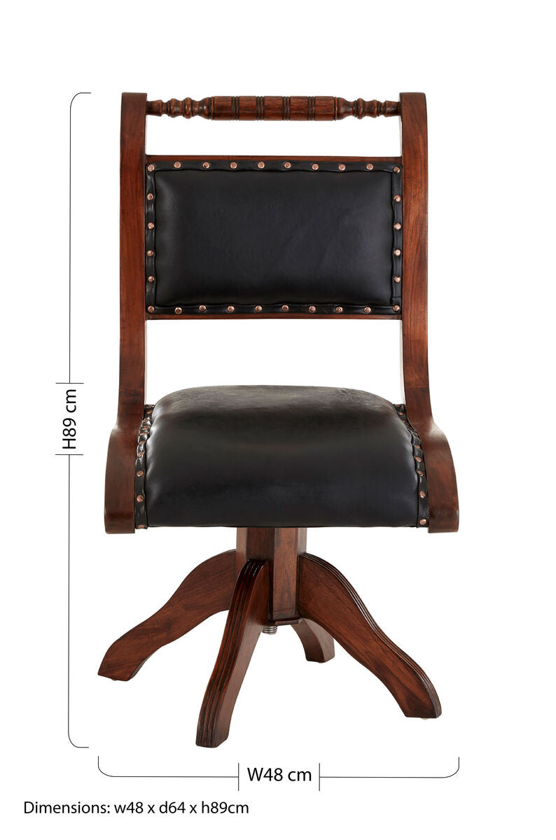 Inca Black Genuine Leather Swivel Chair with Wood Frame
