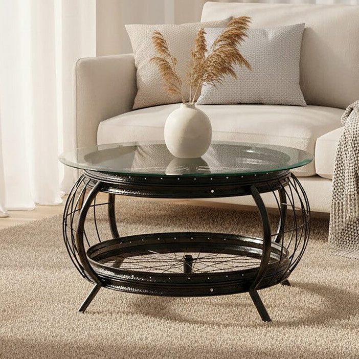 Clear Glass Top Coffee Table with Black Finish Bamboo and Iron Frame, Mantis