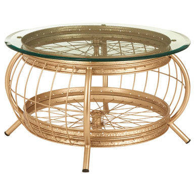 Clear Glass Top Coffee Table with Champagne Gold Finish Bamboo and Iron Frame, Mantis