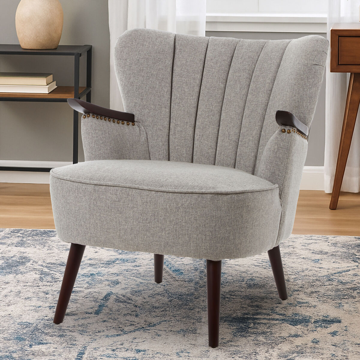 Hampstead Taupe Fabric Armchair with Walnut Wood Accents
