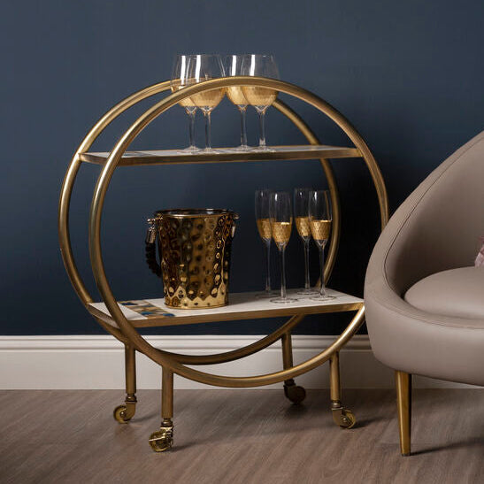 Vizzini White Marble and Agate 2 Tier Drinks Trolley