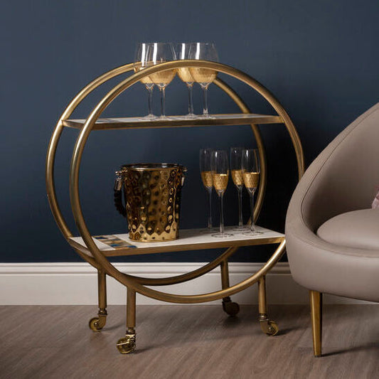2 Tier Gold Finish Bar Trolley with Marble and Agate Shelves, Vizzini