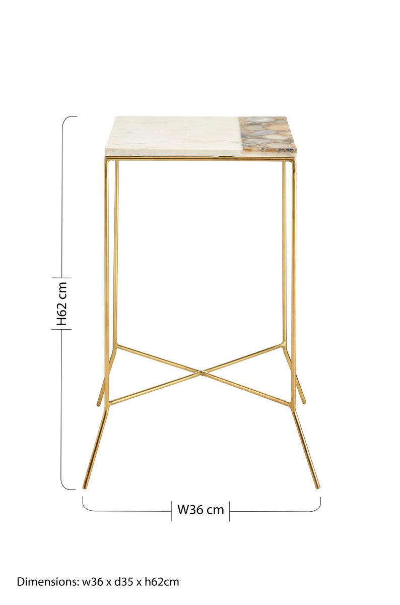 Gold Square Side Table with Agate Stone and White Marble, Vizzini