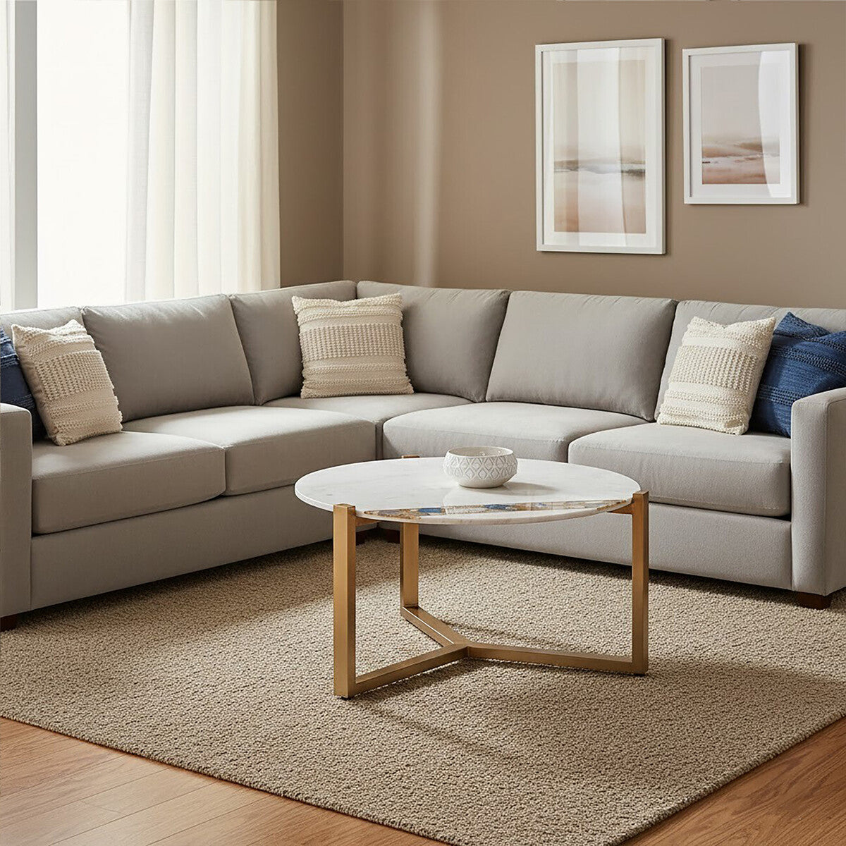 White Marble and Agate Top Round Coffee Table with Brass Iron Legs, Vizzini