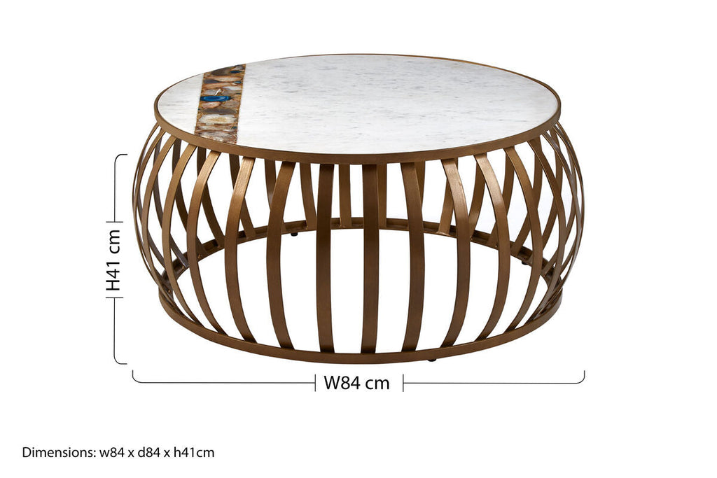 Semi-Precious Agate and White Marble Top Round Coffee Table with Brass Finish Iron Base | Vizzini