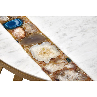 Semi-Precious Agate and White Marble Top Round Coffee Table with Brass Finish Iron Base, Vizzini