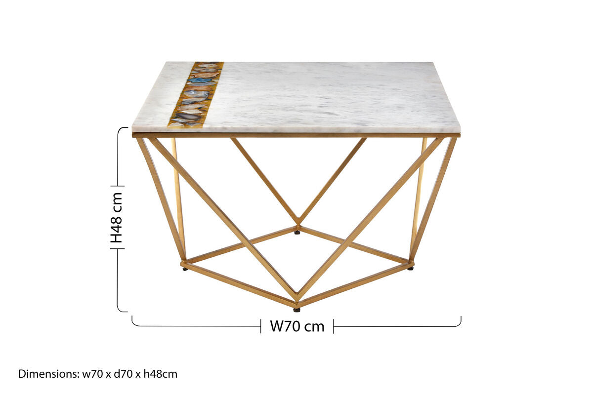 White Marble Top Square Coffee Table with Semi Precious Agate Stone Inlay, Vizzini
