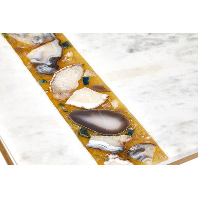 White Marble Top Square Coffee Table with Semi Precious Agate Stone Inlay, Vizzini