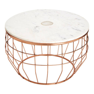 White Marble Top Coffee Table with Agate Inset and Copper Iron Wireframe Base, Vizzini