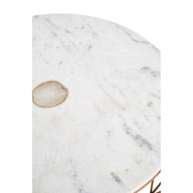 White Marble Top Coffee Table with Agate Inset and Copper Iron Wireframe Base, Vizzini