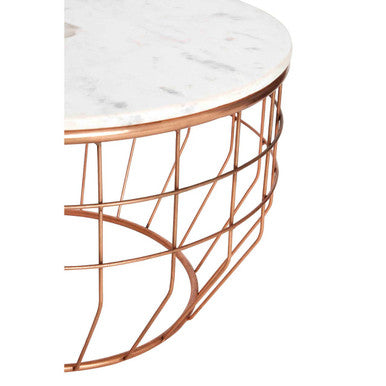 White Marble Top Coffee Table with Agate Inset and Copper Iron Wireframe Base, Vizzini