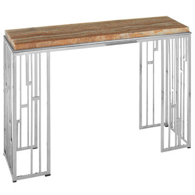 Natural Onyx Stone Top Console Table with Silver Stainless Steel Frame, Relic