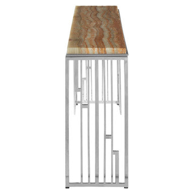 Natural Onyx Stone Top Console Table with Silver Stainless Steel Frame, Relic