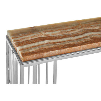 Natural Onyx Stone Top Console Table with Silver Stainless Steel Frame, Relic
