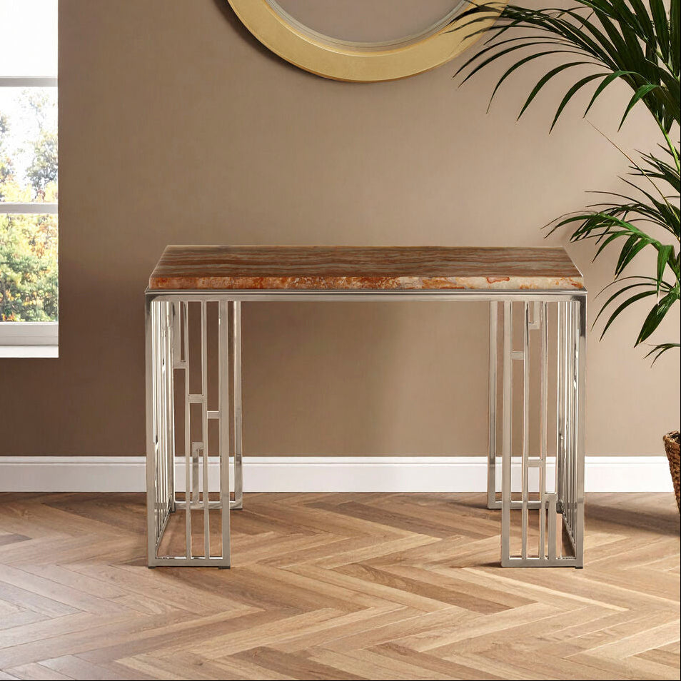 Natural Onyx Stone Top Console Table with Silver Stainless Steel Frame, Relic