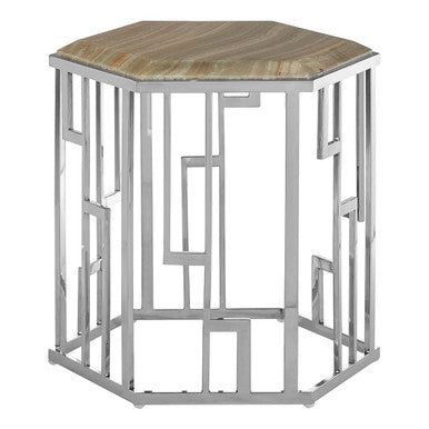 Natural Onyx Stone Top Hexagonal Side Table with Wavy Banding and Silver Stainless Steel Frame, Relic