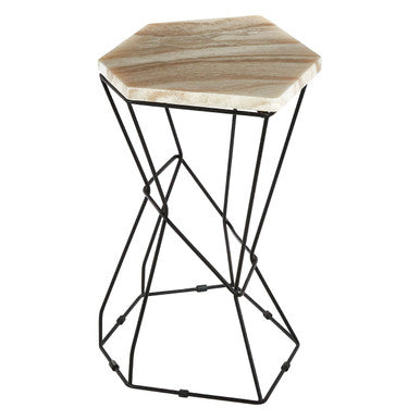 Patterned Natural Onyx Stone Top Side Table with Black Wireframe Base, Relic