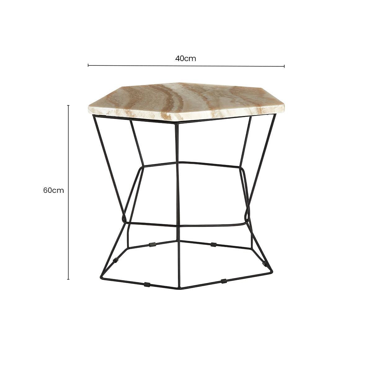 Patterned Natural Onyx Stone Top Side Table with Black Wireframe Base, Relic