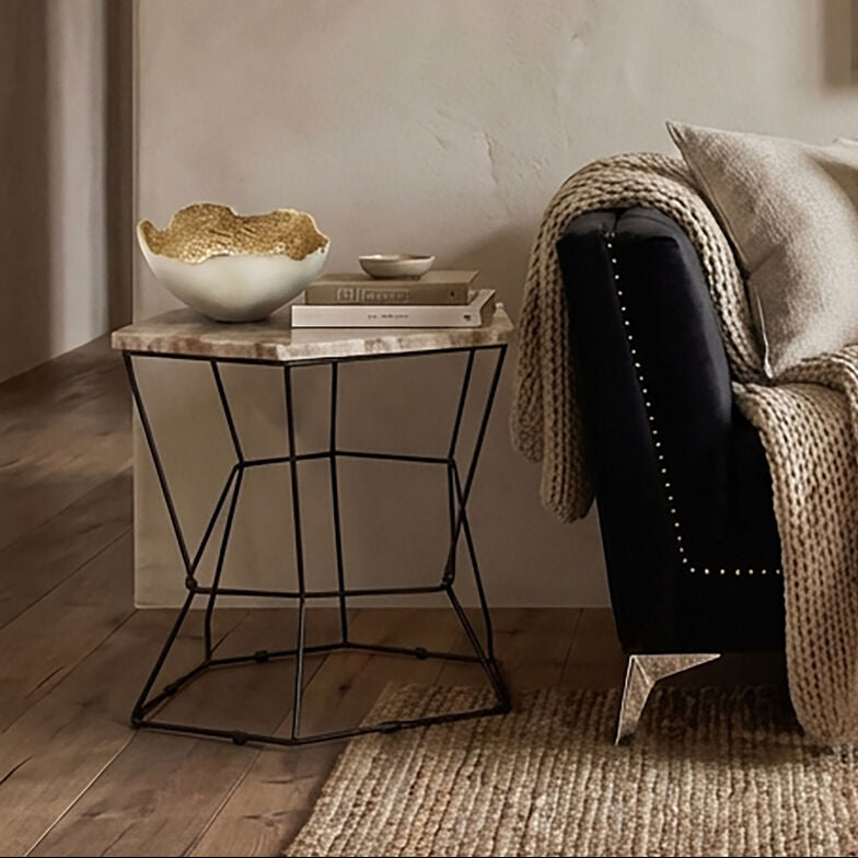 Patterned Natural Onyx Stone Top Side Table with Black Wireframe Base, Relic