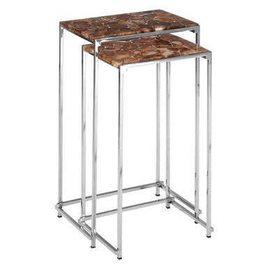 Nest of 2 Side Tables with Natural Agate Onyx Stone Tops and Black Iron Geometric Base, Relic