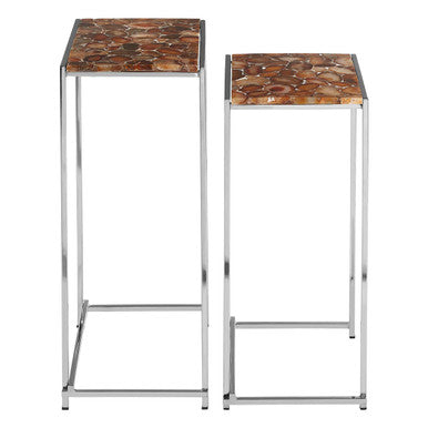 Nest of 2 Side Tables with Natural Agate Onyx Stone Tops and Black Iron Geometric Base, Relic