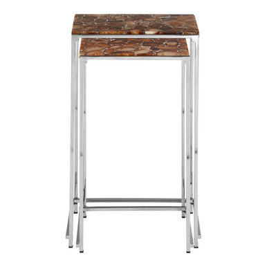 Nest of 2 Side Tables with Natural Agate Onyx Stone Tops and Black Iron Geometric Base, Relic