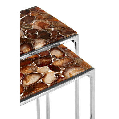 Nest of 2 Side Tables with Natural Agate Onyx Stone Tops and Black Iron Geometric Base, Relic