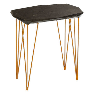 Large Black Marble Top Side Table with Gold Finish Iron Legs, Relic
