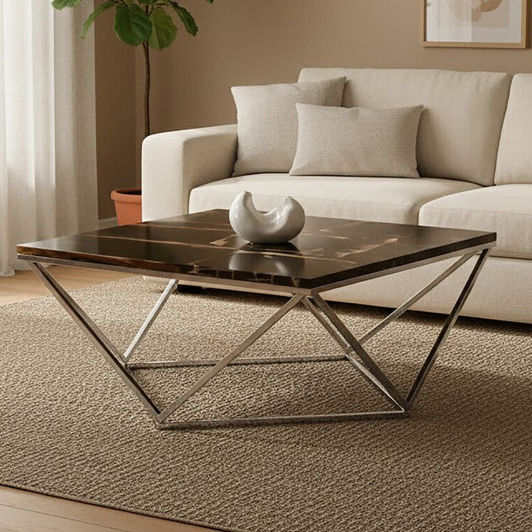 Dark Petrified Wood Top Coffee Table with Prominent Graining and Silver Stainless Steel Frame, Relic