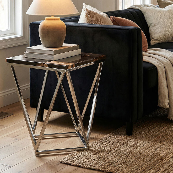 Dark Petrified Wood Side Table with Rustic Grained Top and Silver Stainless Steel Frame, Relic