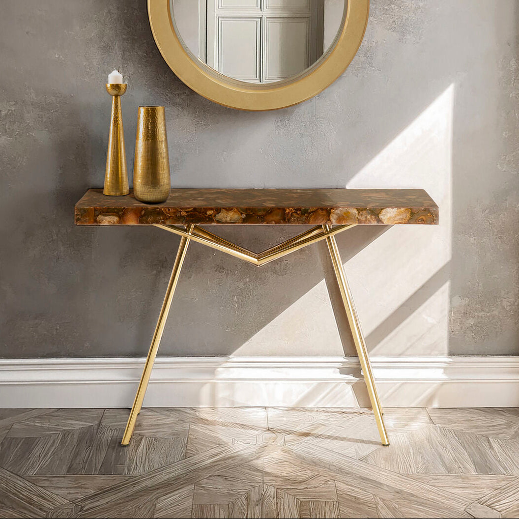 Natural Agate Console Table in Gold Warm Brass Tone Finish, Relic
