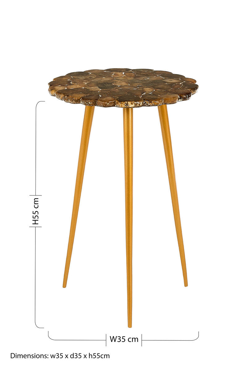 Natural Boho Patterned Agate Top Round Side Table Brass Finish Legs, Relic