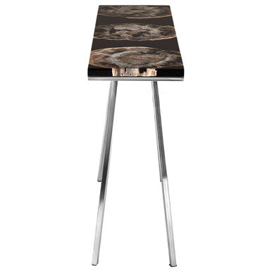 Black Resin and Wooden Console Table with Sleek Stainless Steel Silver Legs, Relic