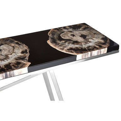 Black Resin and Wooden Console Table with Sleek Stainless Steel Silver Legs, Relic