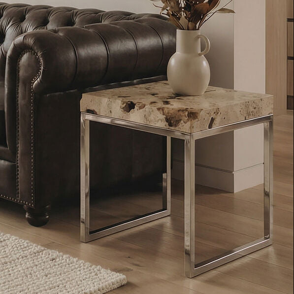 Cheese Stone Round Side Table Rustic Charm Silver Slim Legs, Relic