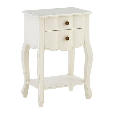 White Wooden 2-Drawer Bedside Table with Brass Finished Handles, Loire