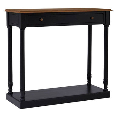Natural Wooden Top and Black Bayur Wood 1-Drawer Console Table with Brass Handles, Loire