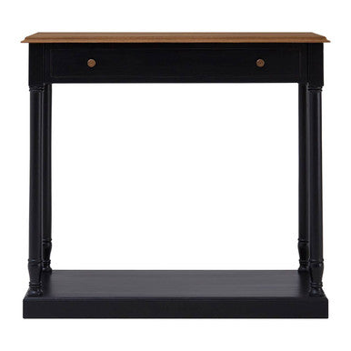 Natural Wooden Top and Black Bayur Wood 1-Drawer Console Table with Brass Handles, Loire