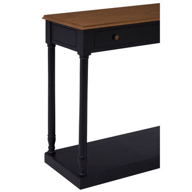 Natural Wooden Top and Black Bayur Wood 1-Drawer Console Table with Brass Handles, Loire