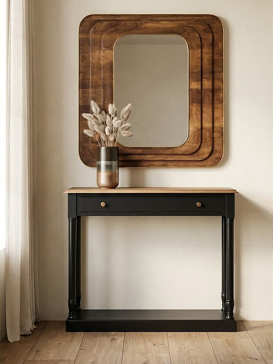 Natural Wooden Top and Black Bayur Wood 1-Drawer Console Table with Brass Handles, Loire