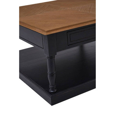 Black and Natural Wooden Coffee Table with 1 Slim Storage Drawer, Loire