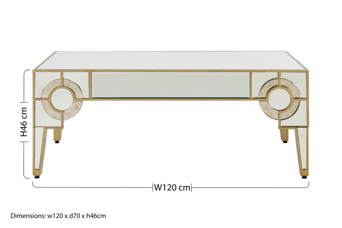 Antique Motif Mirrored Glass Coffee Table with Natural Gold Tone Border, Knightsbridge