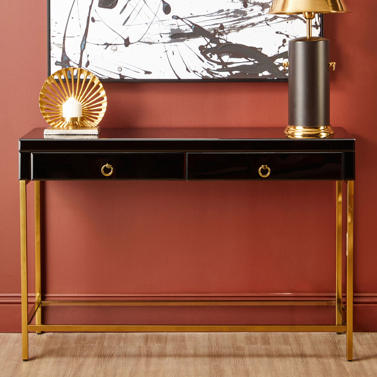 Gloss Black Wooden Cabinet Console Table with 2 Drawers and Gold Metal Frame, Kensington Townhouse