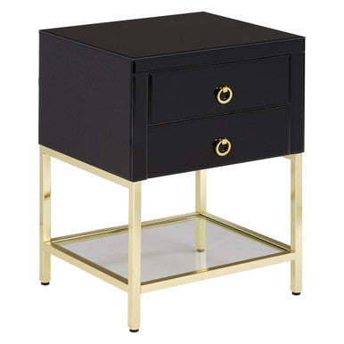 Gloss Black Wooden Cabinet Side Table with 2 Drawers and Gold Metal Frame, Kensington Townhouse