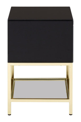 Gloss Black Wooden Cabinet Side Table with 2 Drawers and Gold Metal Frame, Kensington Townhouse