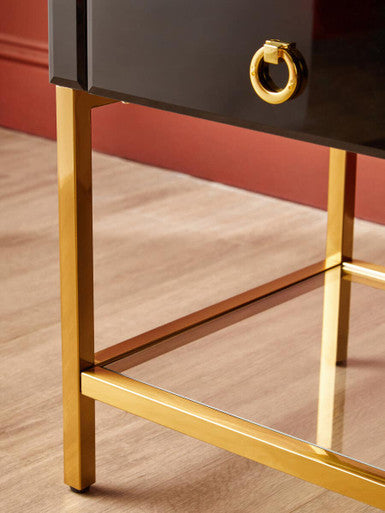 Gloss Black Wooden Cabinet Side Table with 2 Drawers and Gold Metal Frame, Kensington Townhouse