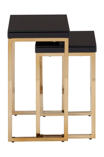 Set of 2 Glossy Black Tops Wooden Nesting Tables with Gold Finish Iron Base, Kensington Townhouse