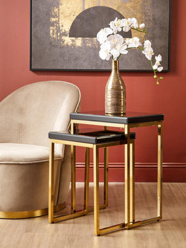 Set of 2 Glossy Black Tops Wooden Nesting Tables with Gold Finish Iron Base, Kensington Townhouse