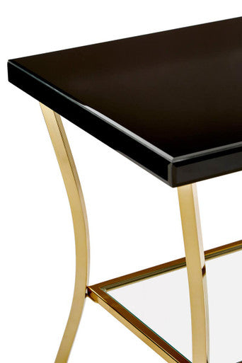 Black Mirror Glass Top and Wooden Side Table with Reflective Gold Curved Iron Legs, Kensington Townhouse