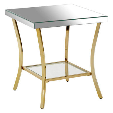 Glossy Black Top Mirror Side Table with Reflective Gold Curved Iron Legs, Kensington Townhouse